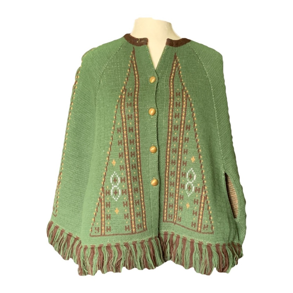 1960s Knit Sweater Poncho in Green and Brown.